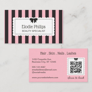 Tarjeta De Visita Chic Rosa Rayas Negras Bordes Escalonados y Lazo
