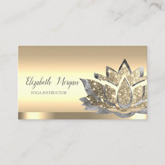 Tarjeta De Visita Chic Silver Gold Lotus Flower Yoga Instructor (Anverso)