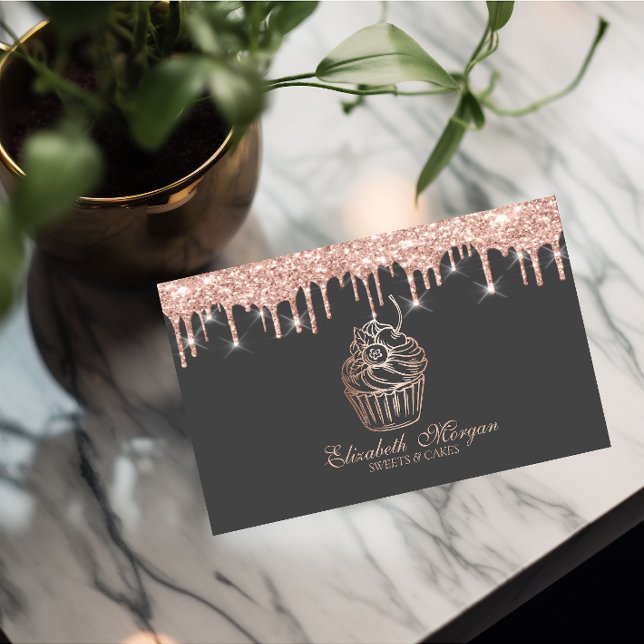Tarjeta De Visita Chic Sweets Cupcake Rose Gold Drips Panadería (Subido por el creador)
