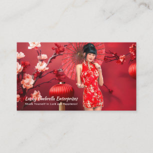 Tarjeta De Visita Chica chino de Año Nuevo con un paraguas rojo