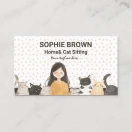 Tarjeta De Visita Chica con gatos acuarelas y asientos en casa