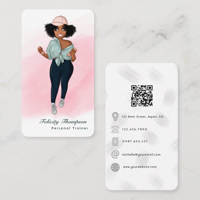 Tarjeta De Visita Chica de código QR del instructor afro de moda (Anverso / Reverso)