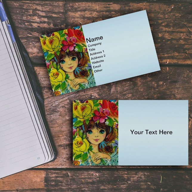 Tarjeta De Visita Chica de época Bouquet Flowers Gorra (Pretty girl wearing hat made of colourful flowers on light blue business cards.)