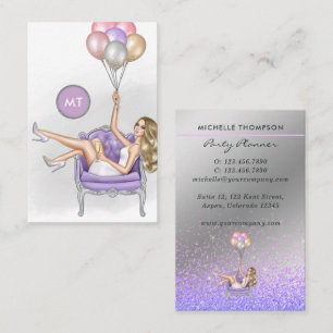 Tarjeta De Visita Chica de fiesta de globos con monograma plateado y