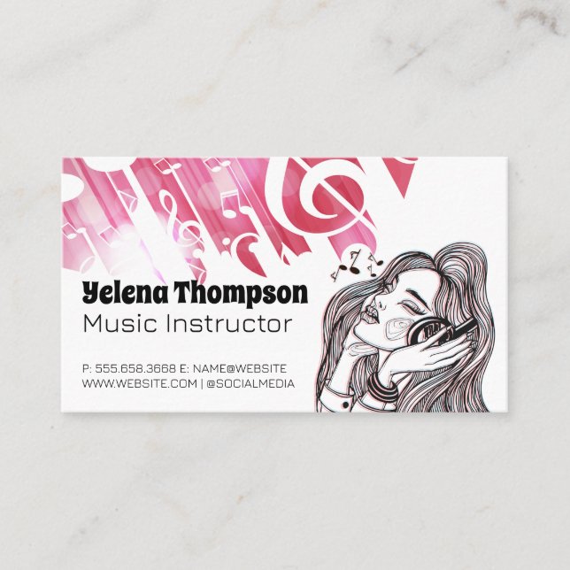 Tarjeta De Visita Chica Escuchando música usando audífonos (Anverso)