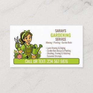 Tarjeta De Visita Chica Jardinera Regando Césped Cuidado Jardín