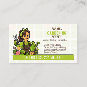 Tarjeta De Visita Chica Jardinera Regando con QR Cuidado de Césped