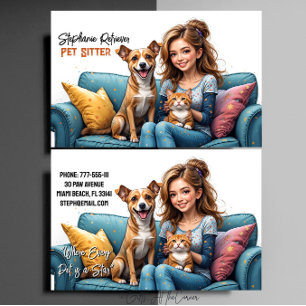 Tarjeta De Visita Chica Linda Cuidadora de Mascotas Gato 