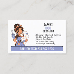 Tarjeta De Visita Chica Peluquera Guiñando Lila QR Peluquería Canina