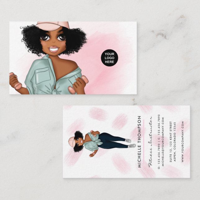 Tarjeta De Visita Chica profesional de moda Afro Fitness (Anverso / Reverso)