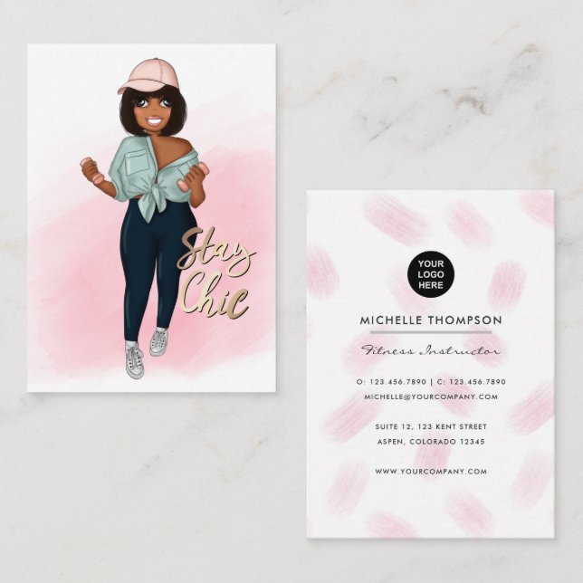 Tarjeta De Visita Chica profesional de moda Afro Fitness (Anverso / Reverso)