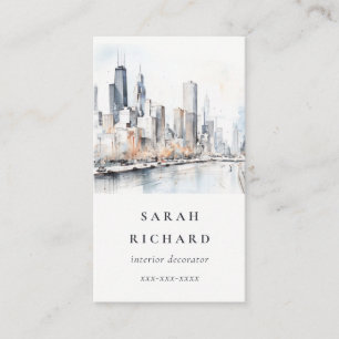 Tarjeta De Visita Chicago, Illinois City Scape Watercolor Travel