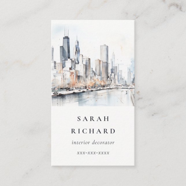 Tarjeta De Visita Chicago, Illinois City Scape Watercolor Travel (Anverso)