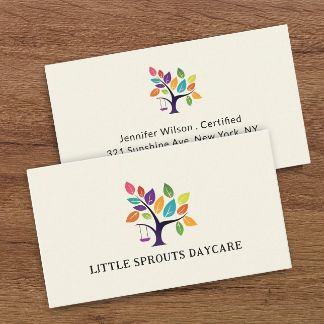 Tarjeta De Visita Child Daycare Childcare Service Tree Logo (Subido por el creador)