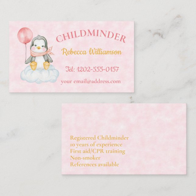 Tarjeta De Visita Childminder Cute Penguin (Anverso / Reverso)
