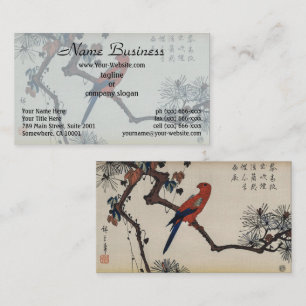 Tarjeta De Visita Chinoiserie Loro Rojo & Zen Pino Grabado en madera
