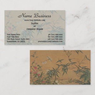 Tarjeta De Visita Chinoiserie Mariposa de Bambú y Jardín Floral Rojo