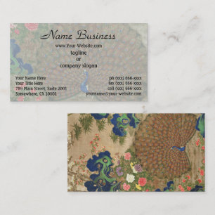 Tarjeta De Visita Chinoiserie Pavo Azul con Jardín de Flores Exótica