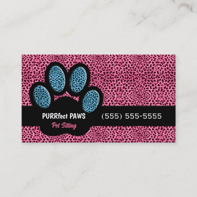 Tarjeta De Visita Chita rosa y azul y sitio Mascota Paw (Anverso)