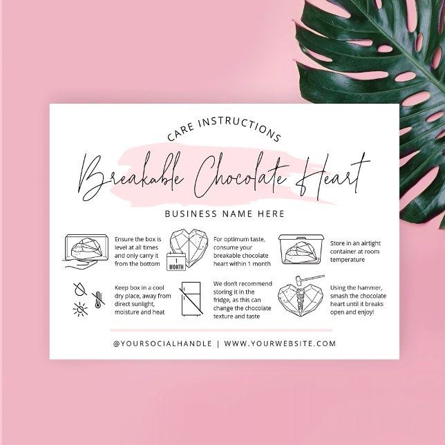 Tarjeta De Visita Chocolate Smash Heart Care Instructions Bakery (Breakable chocolate heart care instructions business cards with pink watercolor background and icons)