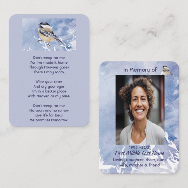 Tarjeta De Visita Christian Memorial Chickadee Bird Winter Snow Tree (Anverso / Reverso)