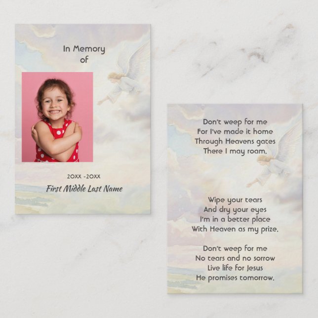 Tarjeta De Visita Christian Memorial Keepsake Angel Reaching  (Anverso / Reverso)