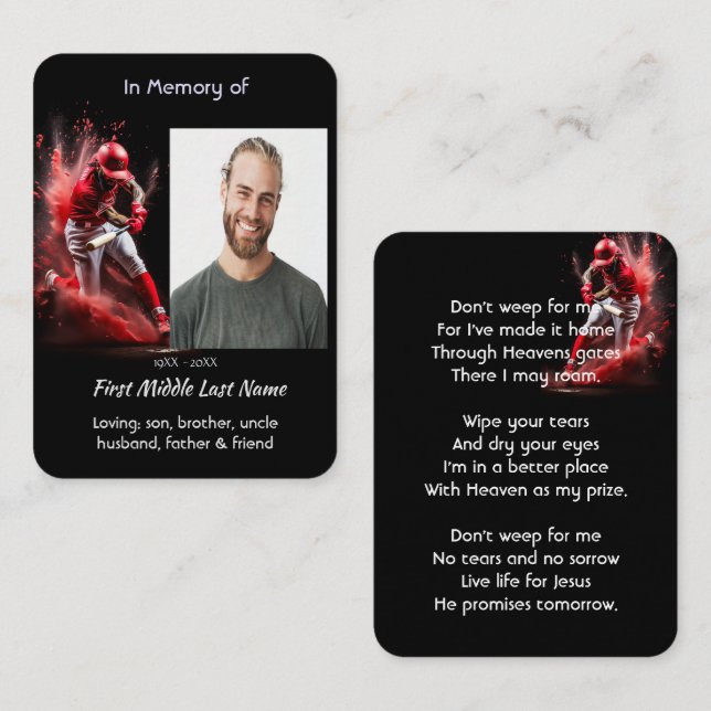 Tarjeta De Visita Christian Memorial Keepsake Baseball Softball  (Anverso / Reverso)