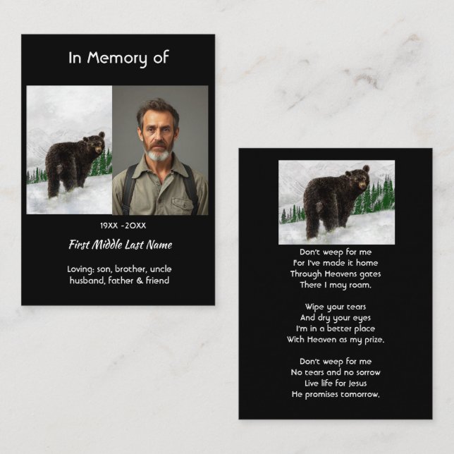 Tarjeta De Visita Christian Memorial Keepsake Black Bear Animal (Anverso / Reverso)