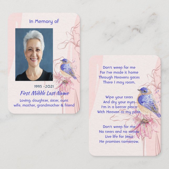 Tarjeta De Visita Christian Memorial Keepsake  Bluebird Garden  (Anverso / Reverso)