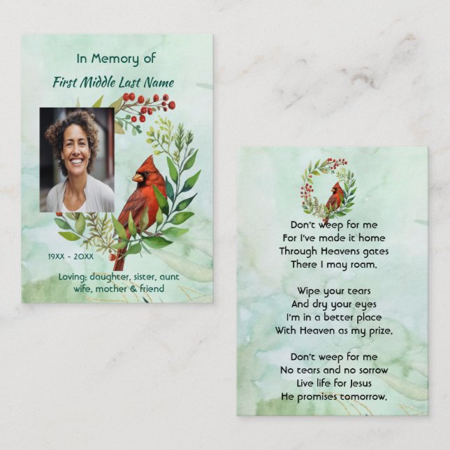 Tarjeta De Visita Christian Memorial keepsake Cardinal Bird (Anverso / Reverso)