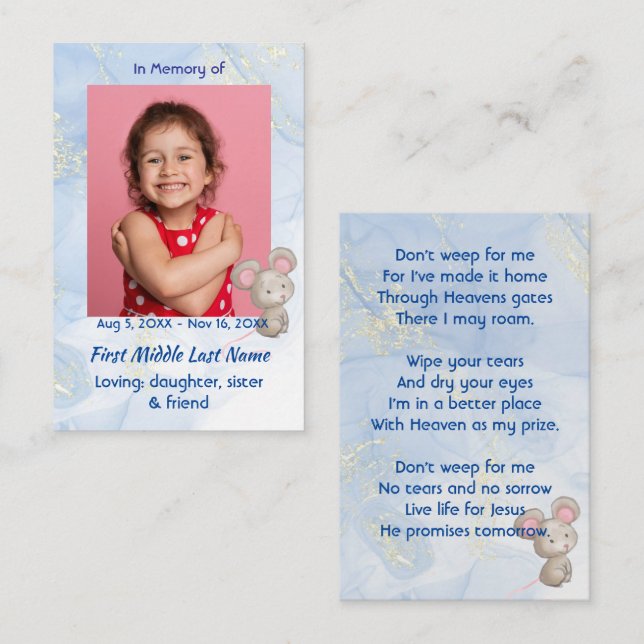 Tarjeta De Visita Christian Memorial Keepsake Cute Little Mouse  (Anverso / Reverso)