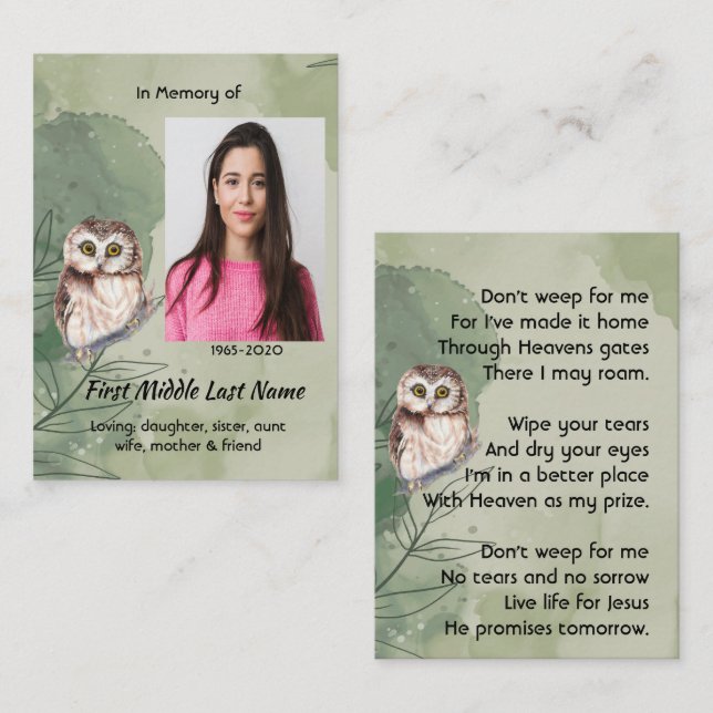Tarjeta De Visita Christian Memorial Keepsake Cute Owl Bird (Anverso / Reverso)