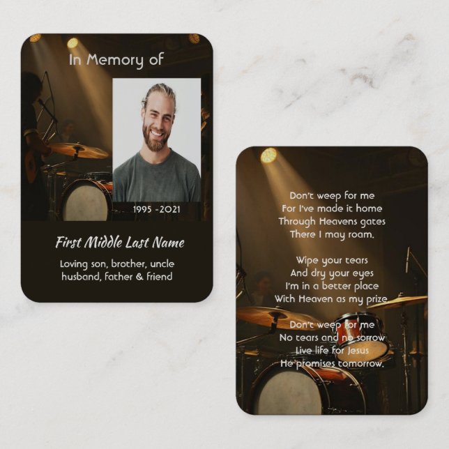 Tarjeta De Visita Christian Memorial Keepsake Drummer Drums Band  (Anverso / Reverso)