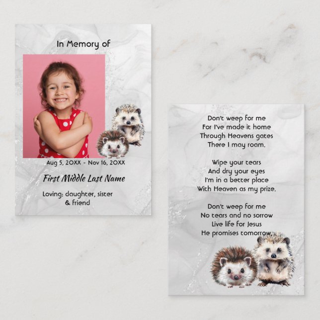 Tarjeta De Visita Christian Memorial Keepsake Hedgehog Children   (Anverso / Reverso)