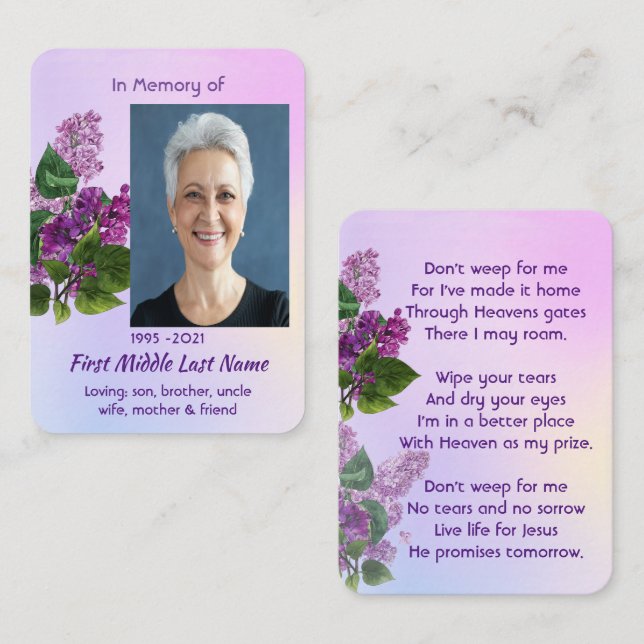Tarjeta De Visita Christian Memorial Keepsake Lilac Garden Flower  (Anverso / Reverso)