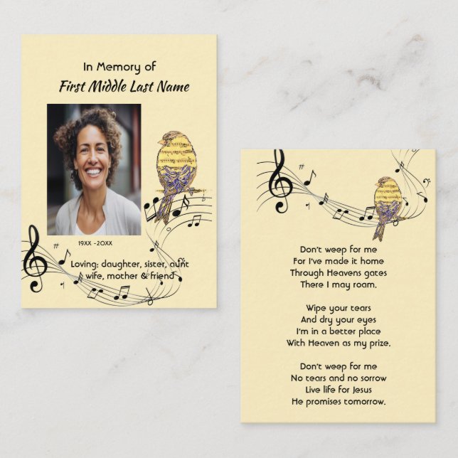 Tarjeta De Visita Christian Memorial Keepsake Music Bird (Anverso / Reverso)