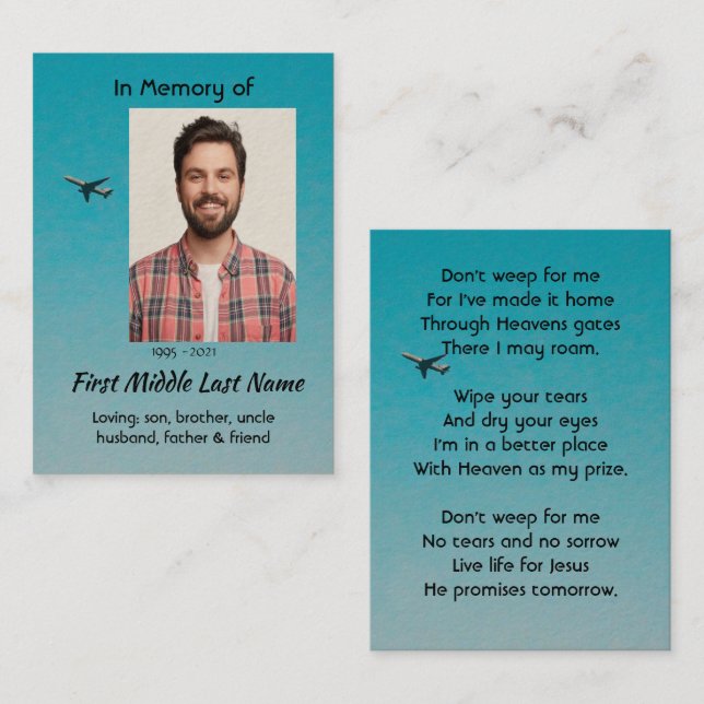 Tarjeta De Visita Christian Memorial Keepsake Pilot Airplane Flying (Anverso / Reverso)