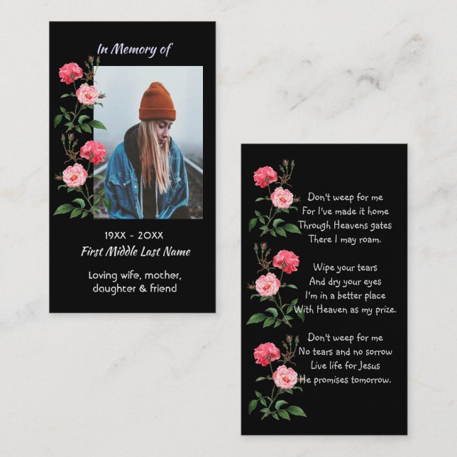 Tarjeta De Visita Christian Memorial Keepsake  Roses Garden Flowers (Anverso / Reverso)