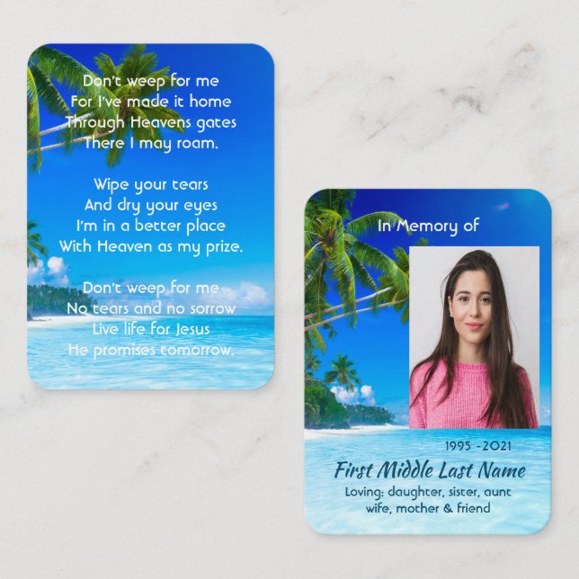 Tarjeta De Visita Christian Memorial Keepsake Tropical Beach Exotic (Anverso / Reverso)