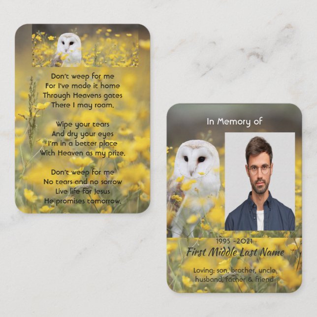 Tarjeta De Visita Christian Memorial Photo Barn Owl Bird  (Anverso / Reverso)