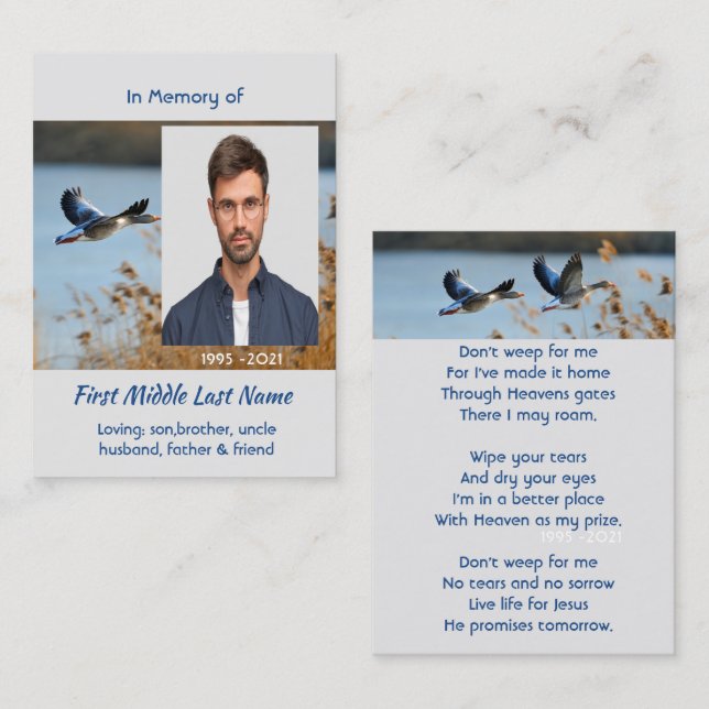 Tarjeta De Visita Christian Memorial Photo Prayer Lake Geese Birds (Anverso / Reverso)
