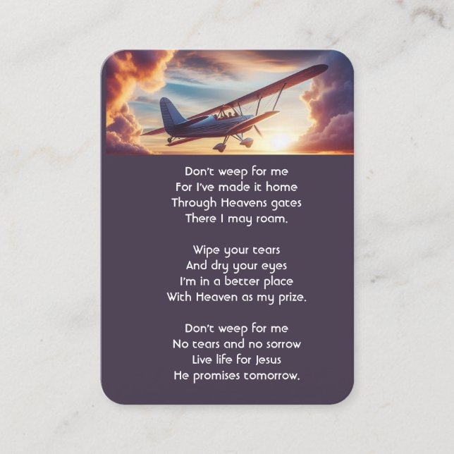 Tarjeta De Visita Christian Memorial Pilot Airplane Flying Sunset (Anverso)