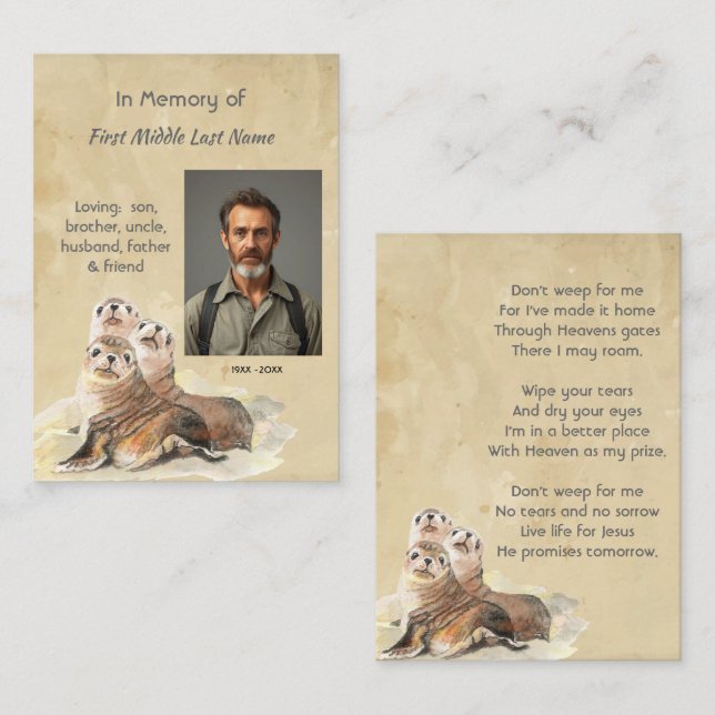 Tarjeta De Visita Christian Memorial  Watercolor Seals Animals (Anverso / Reverso)