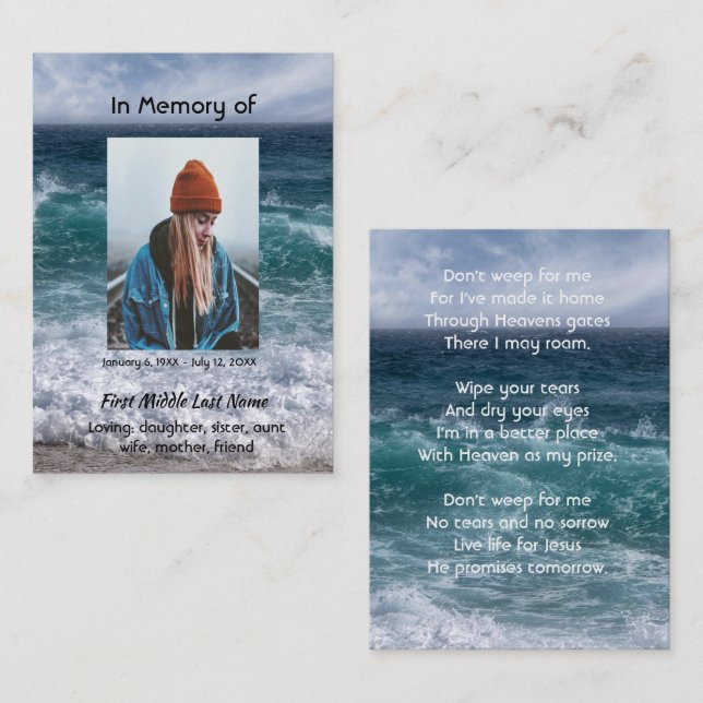 Tarjeta De Visita Christian Poem Memorial Keepsake Ocean Sea Beach (Anverso / Reverso)