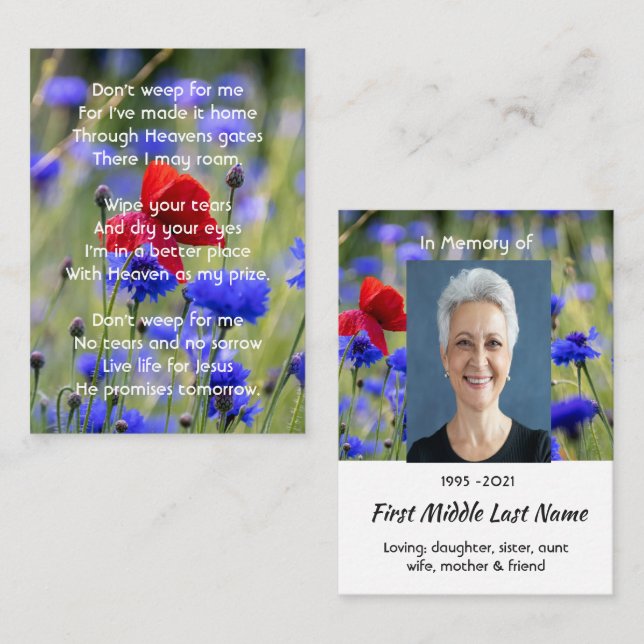Tarjeta De Visita Christian Poppy Cornflower Meadow  Memorial  (Anverso / Reverso)
