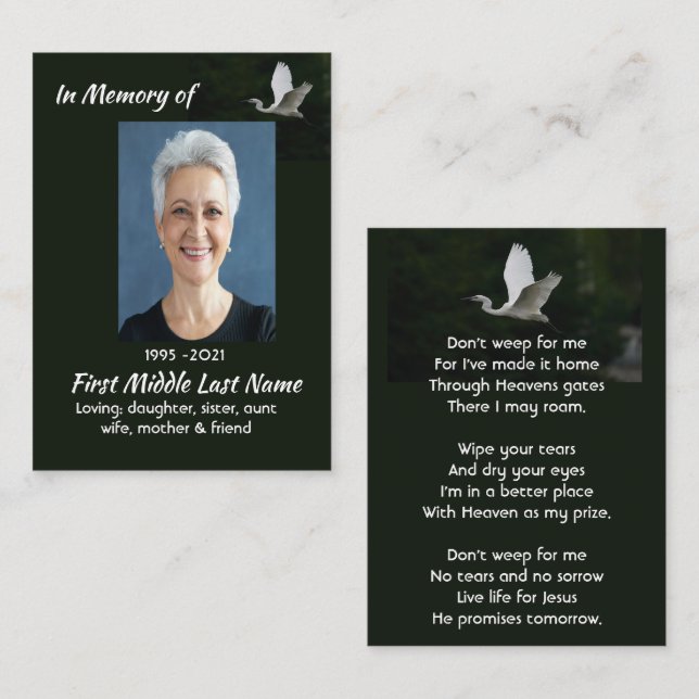 Tarjeta De Visita Christian White Egret Bird Memorial Keepsake  (Anverso / Reverso)