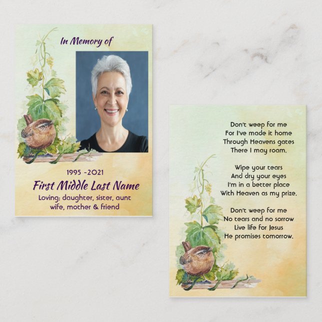 Tarjeta De Visita Christian Wren Bird Vineyard Memorial Keepsake (Anverso / Reverso)