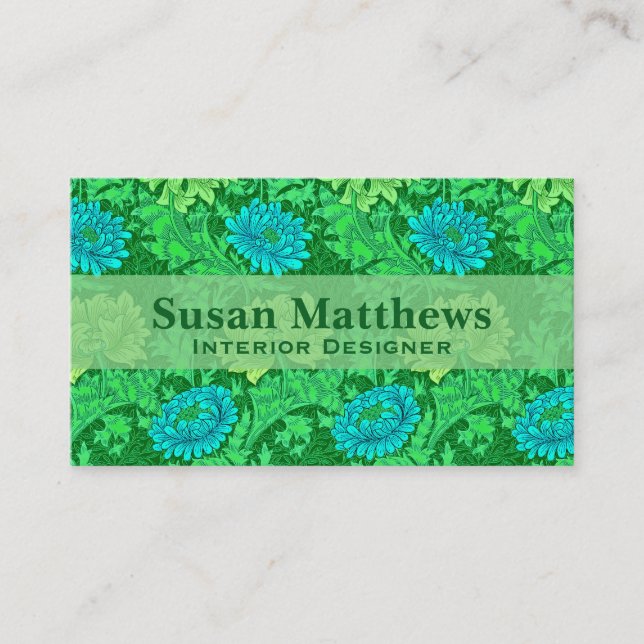 Tarjeta De Visita Chrysanthemums de William Morris, Lime Green y Aqu (Anverso)