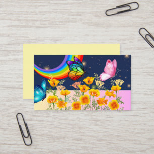 Tarjeta De Visita Cielo nocturno, arcoiris, mariposas y flores