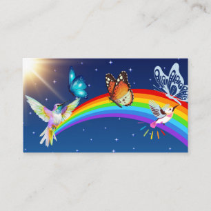 Tarjeta De Visita Cielo nocturno, dos pájaros, mariposas y arcoiris